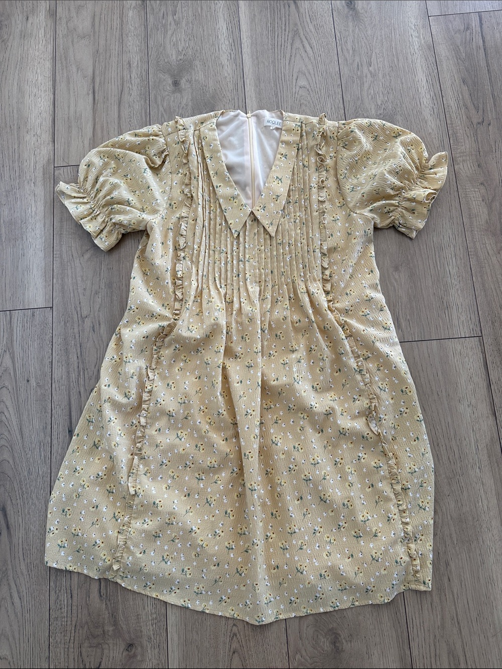 Roolee Yellow Floral Pintuck Puff-Sleeve Dress